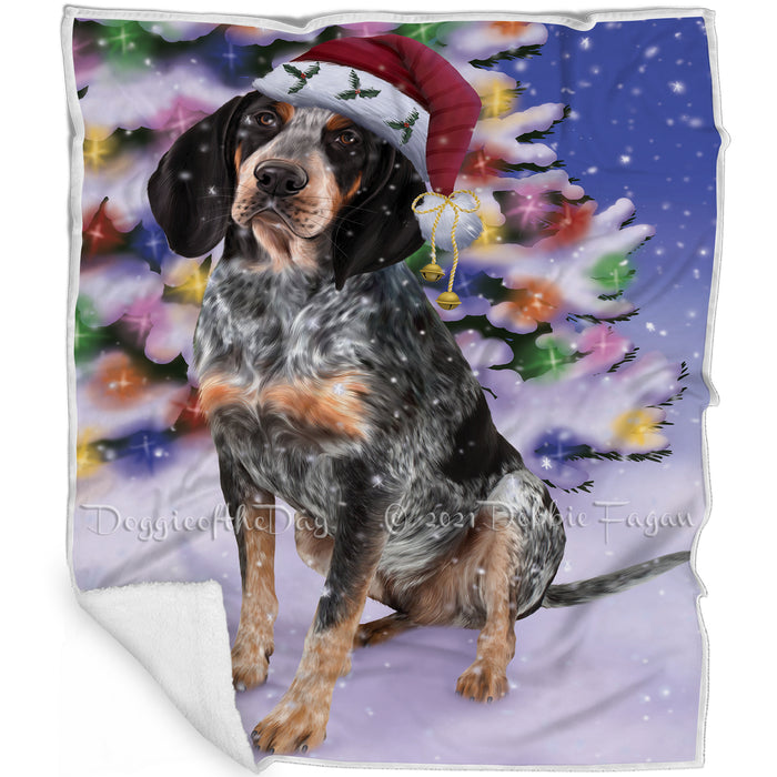 Winterland Wonderland Bluetick Coonhound Dog In Christmas Holiday Scenic Background Blanket