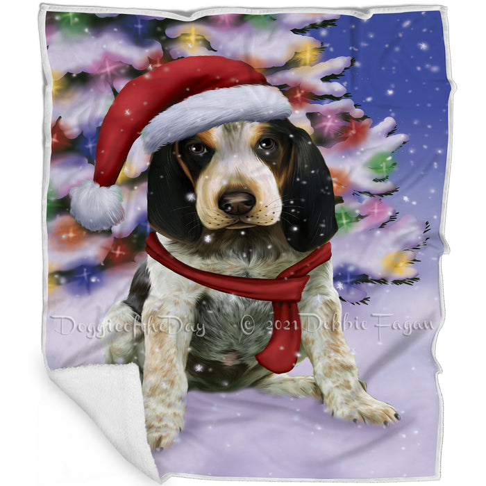 Winterland Wonderland Bluetick Coonhound Puppy Dog In Christmas Holiday Scenic Background Blanket