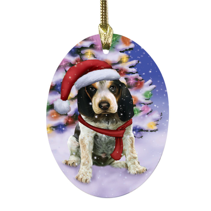 Winterland Wonderland Bluetick Coonhound Dog In Christmas Holiday Scenic Background Oval Glass Christmas Ornament OGOR49531