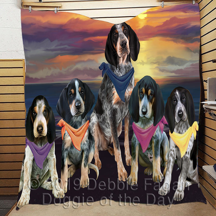 Family Sunset Portrait Bluetick Coonhound Dogs Quilt