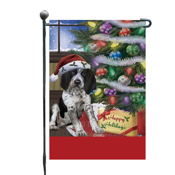 Personalized Christmas Happy Holidays Bluetick Coonhound Dog with Tree and Presents Custom Garden Flags GFLG-DOTD-A58603
