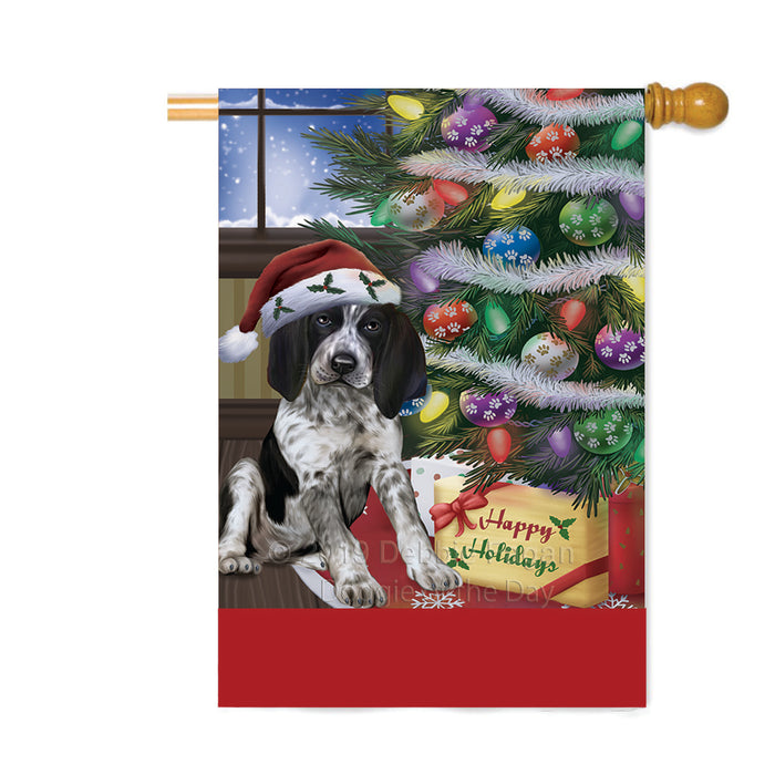 Personalized Christmas Happy Holidays Bluetick Coonhound Dog with Tree and Presents Custom House Flag FLG-DOTD-A58659