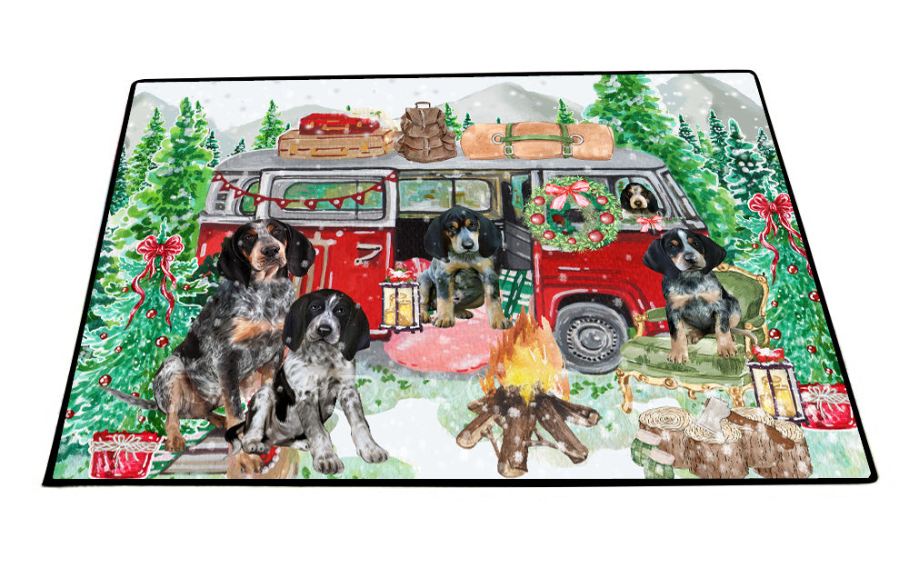 Christmas Time Camping with Bluetick Coonhound Dogs Floor Mat- Anti-Slip Pet Door Mat Indoor Outdoor Front Rug Mats for Home Outside Entrance Pets Portrait Unique Rug Washable Premium Quality Mat