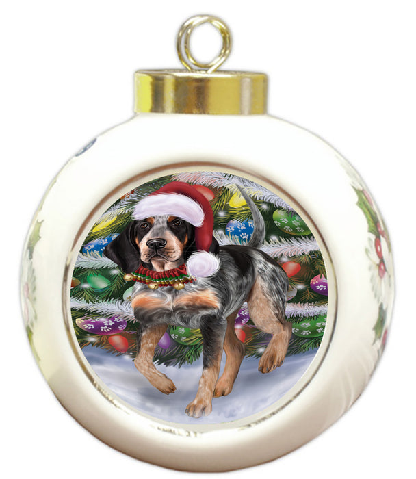 Chistmas Trotting in the Snow Bluetick Coonhound Dog Round Ball Christmas Ornament Pet Decorative Hanging Ornaments for Christmas X-mas Tree Decorations - 3" Round Ceramic Ornament RBPOR59711