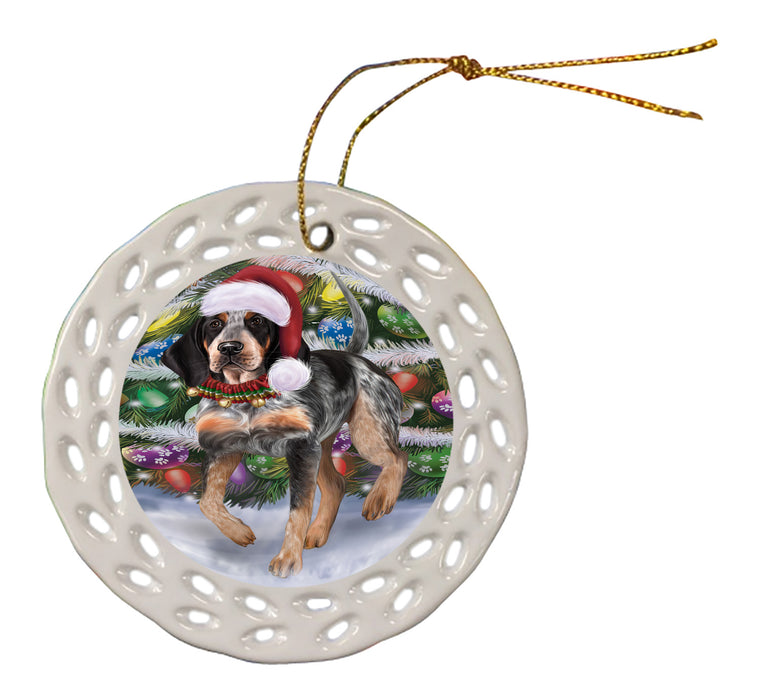 Chistmas Trotting in the Snow Bluetick Coonhound Dog Doily Ornament DPOR59135