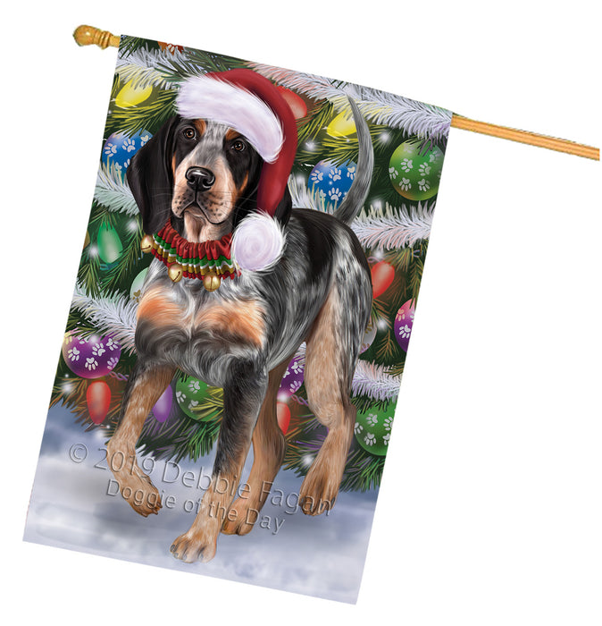 Chistmas Trotting in the Snow Bluetick Coonhound Dog House Flag Outdoor Decorative Double Sided Pet Portrait Weather Resistant Premium Quality Animal Printed Home Decorative Flags 100% Polyester FLG69637