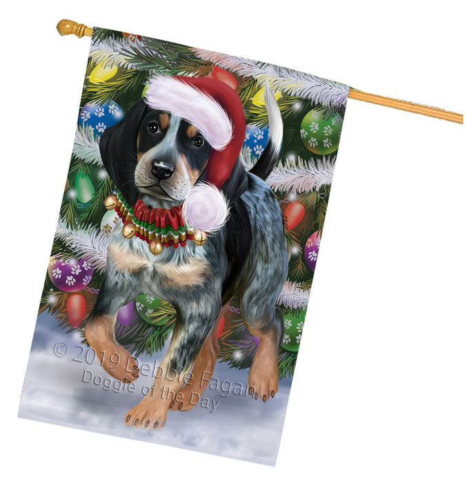 Chistmas Trotting in the Snow Bluetick Coonhound Dog House Flag Outdoor Decorative Double Sided Pet Portrait Weather Resistant Premium Quality Animal Printed Home Decorative Flags 100% Polyester FLG69638