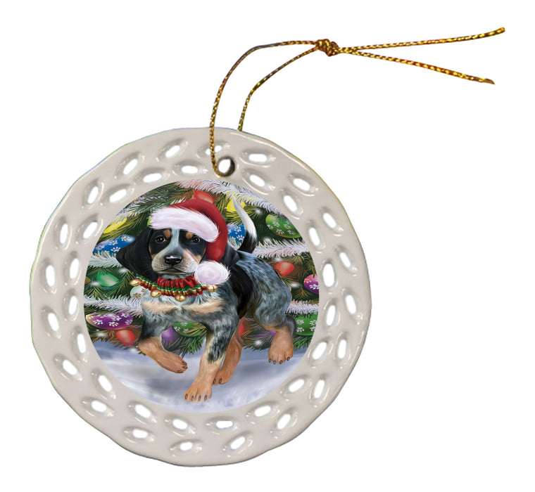 Chistmas Trotting in the Snow Bluetick Coonhound Dog Doily Ornament DPOR59136