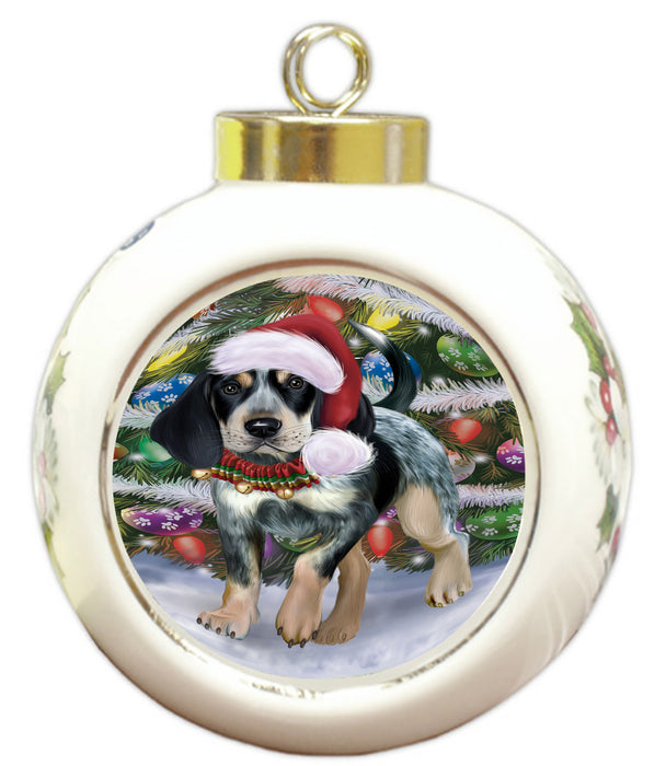 Chistmas Trotting in the Snow Bluetick Coonhound Dog Round Ball Christmas Ornament Pet Decorative Hanging Ornaments for Christmas X-mas Tree Decorations - 3" Round Ceramic Ornament RBPOR59713