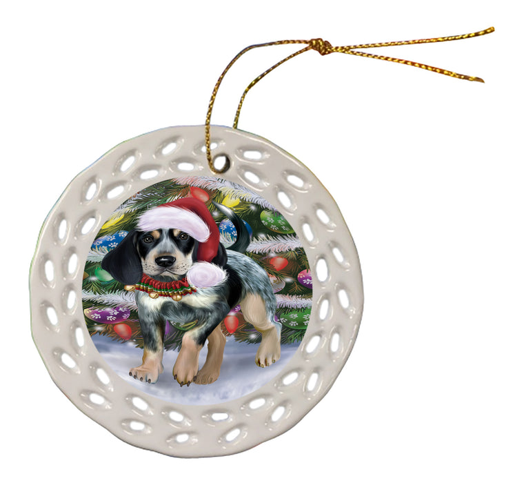 Chistmas Trotting in the Snow Bluetick Coonhound Dog Doily Ornament DPOR59137