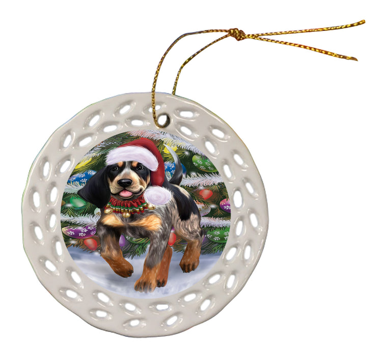 Chistmas Trotting in the Snow Bluetick Coonhound Dog Doily Ornament DPOR59138