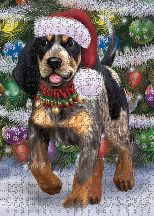 Chistmas Trotting in the Snow Bluetick Coonhound Dog Portrait Jigsaw Puzzle for Adults Animal Interlocking Puzzle Game Unique Gift for Dog Lover's with Metal Tin Box PZL950
