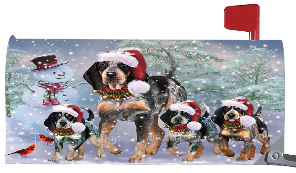 Christmas Running Family Bluetick Coonhound Dogs Magnetic Mailbox Cover Both Sides Pet Theme Printed Decorative Letter Box Wrap Case Postbox Thick Magnetic Vinyl Material