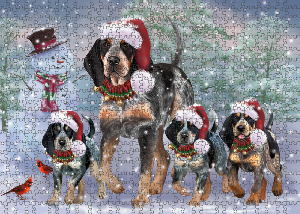 Christmas Running Family Bluetick Coonhound Dogs Portrait Jigsaw Puzzle for Adults Animal Interlocking Puzzle Game Unique Gift for Dog Lover's with Metal Tin Box