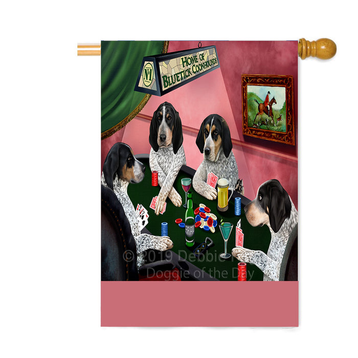 Personalized Home of Bluetick Coonhound Dogs Four Dogs Playing Poker Custom House Flag FLG-DOTD-A60303