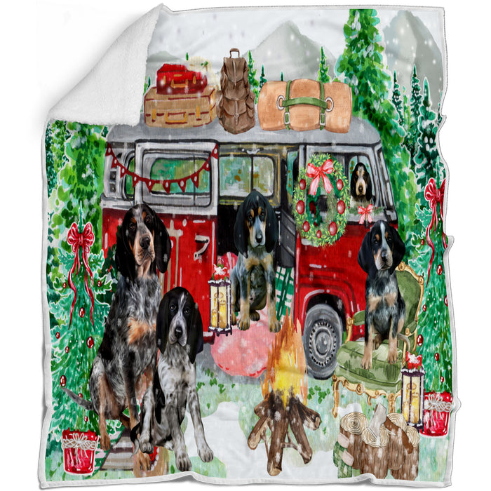 Christmas Time Camping with Bluetick Coonhound Dogs Blanket - Lightweight Soft Cozy and Durable Bed Blanket - Animal Theme Fuzzy Blanket for Sofa Couch