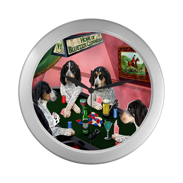 Home of Bluetick Coonhound Dogs Playing Poker Silver Wall Clocks
