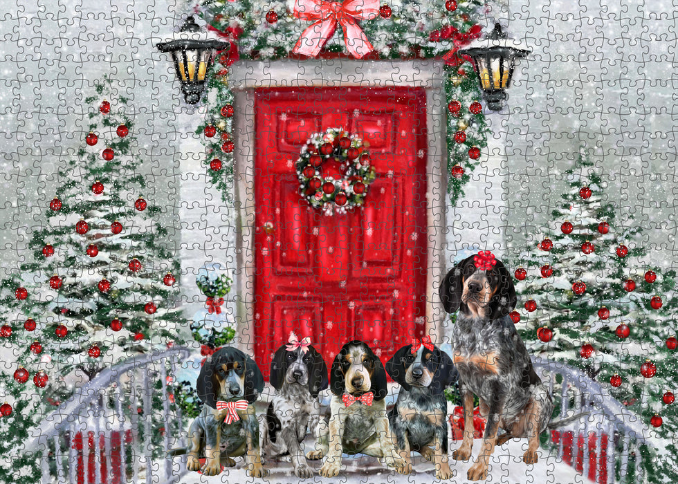 Christmas Holiday Welcome Bluetick Coonhound Dogs Portrait Jigsaw Puzzle for Adults Animal Interlocking Puzzle Game Unique Gift for Dog Lover's with Metal Tin Box