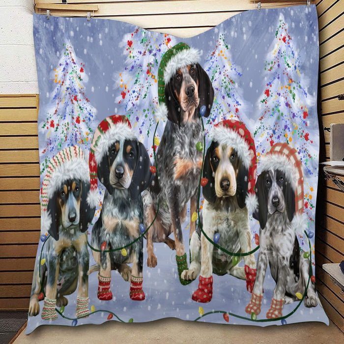 Christmas Lights and Bluetick Coonhound Dogs  Quilt Bed Coverlet Bedspread - Pets Comforter Unique One-side Animal Printing - Soft Lightweight Durable Washable Polyester Quilt