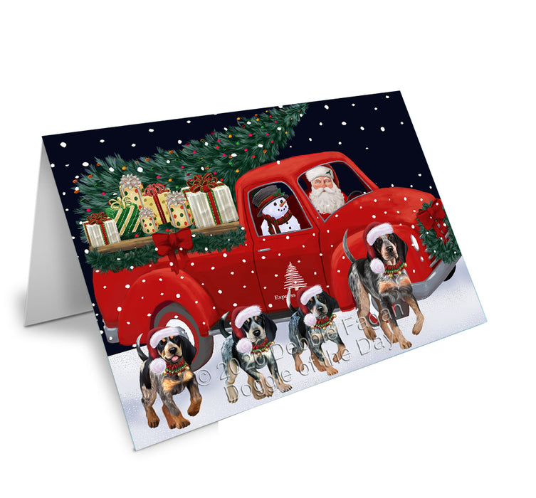 Christmas Express Delivery Red Truck Running Bluetick Coonhound Dogs Handmade Artwork Assorted Pets Greeting Cards and Note Cards with Envelopes for All Occasions and Holiday Seasons GCD75077