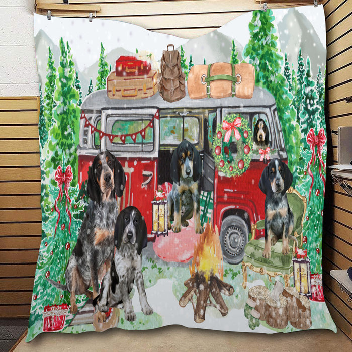 Christmas Time Camping with Bluetick Coonhound Dogs  Quilt Bed Coverlet Bedspread - Pets Comforter Unique One-side Animal Printing - Soft Lightweight Durable Washable Polyester Quilt