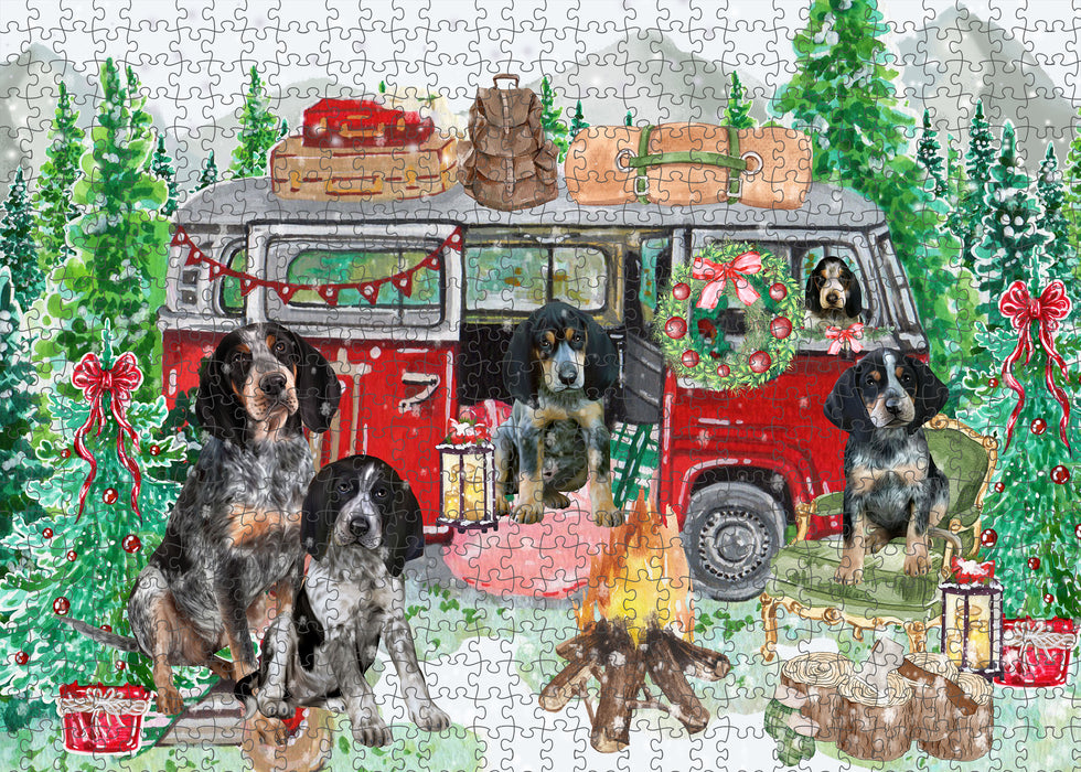 Christmas Time Camping with Bluetick Coonhound Dogs Portrait Jigsaw Puzzle for Adults Animal Interlocking Puzzle Game Unique Gift for Dog Lover's with Metal Tin Box