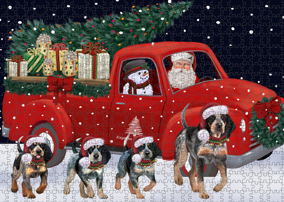 Christmas Express Delivery Red Truck Running Bluetick Coonhound Dogs Puzzle with Photo Tin PUZL99620