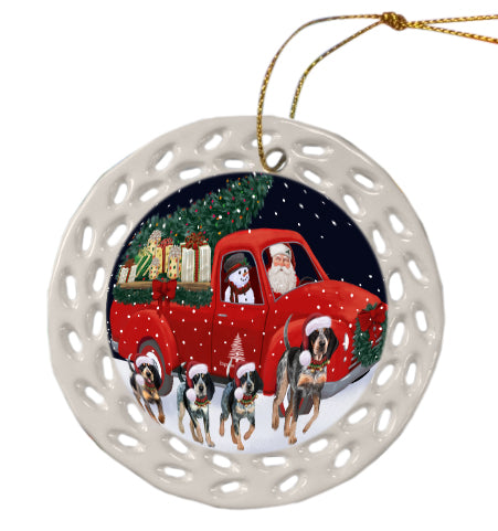 Christmas Express Delivery Red Truck Running Bluetick Coonhound Dog Doily Ornament DPOR59247