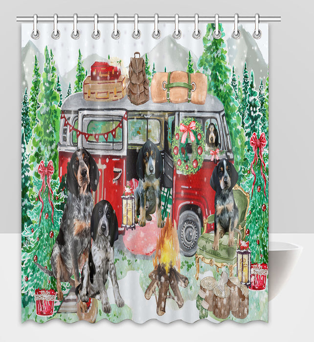 Christmas Time Camping with Bluetick Coonhound Dogs Shower Curtain Pet Painting Bathtub Curtain Waterproof Polyester One-Side Printing Decor Bath Tub Curtain for Bathroom with Hooks