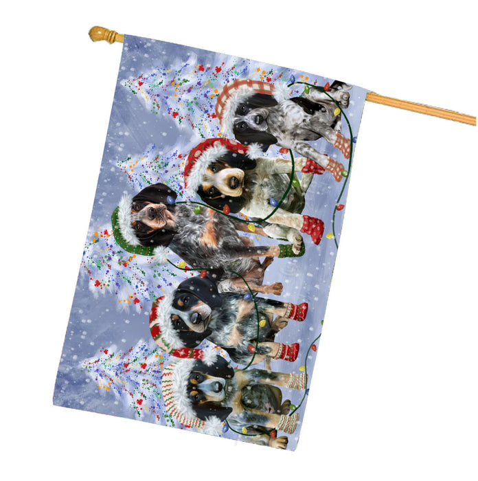 Christmas Lights and Bluetick Coonhound Dogs House Flag Outdoor Decorative Double Sided Pet Portrait Weather Resistant Premium Quality Animal Printed Home Decorative Flags 100% Polyester