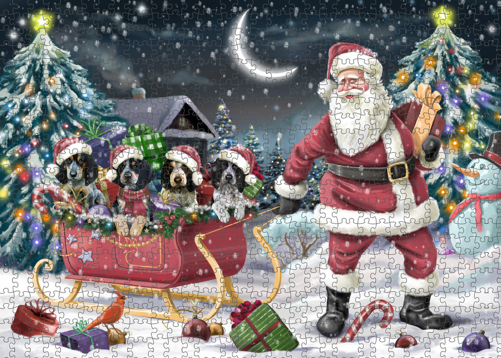 Christmas Santa Sled Bluetick Coonhound Dogs Portrait Jigsaw Puzzle for Adults Animal Interlocking Puzzle Game Unique Gift for Dog Lover's with Metal Tin Box