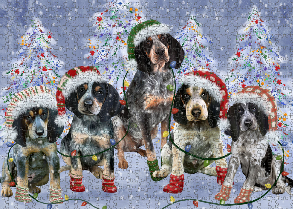 Christmas Lights and Bluetick Coonhound Dogs Portrait Jigsaw Puzzle for Adults Animal Interlocking Puzzle Game Unique Gift for Dog Lover's with Metal Tin Box