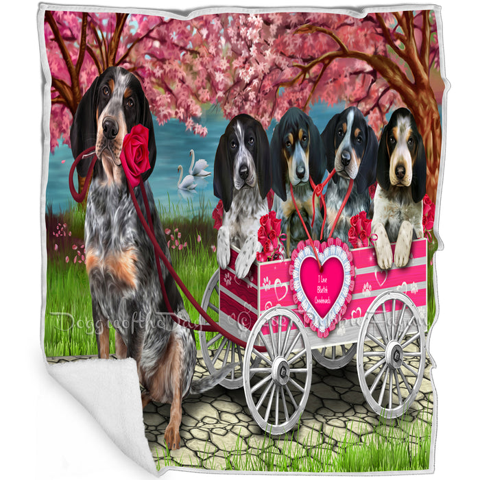 I Love Bluetick Coonhound Dogs in a Cart Art Portrait Print Woven Throw Sherpa Plush Fleece Blanket