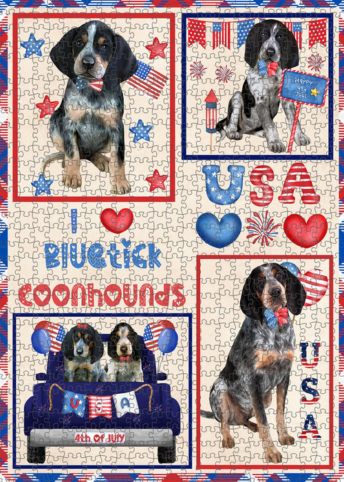 4th of July Independence Day I Love USA Bluetick Coonhound Dogs Portrait Jigsaw Puzzle for Adults Animal Interlocking Puzzle Game Unique Gift for Dog Lover's with Metal Tin Box