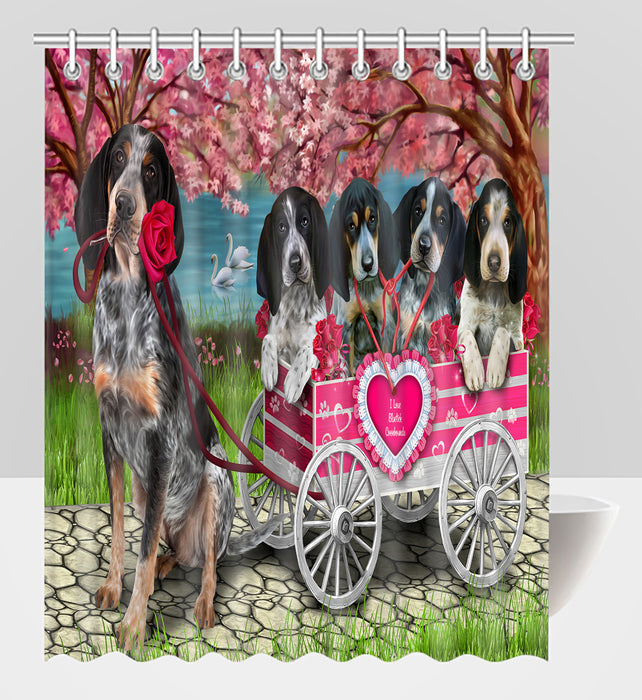 I Love Bluetick Coonhound Dogs in a Cart Shower Curtain