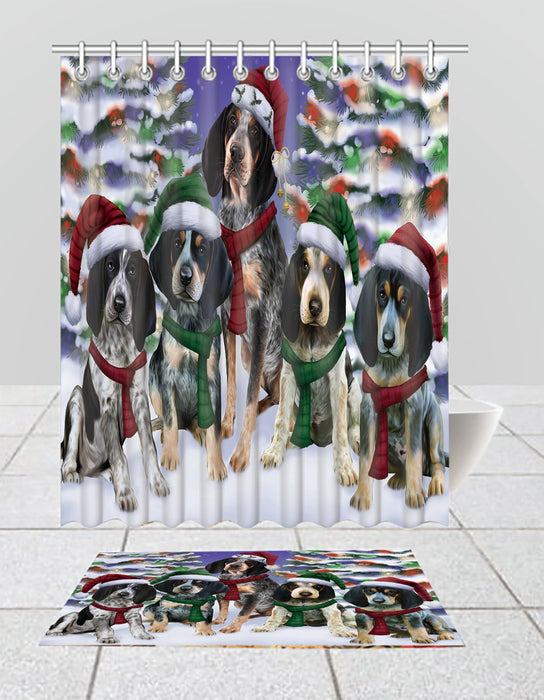 Bluetick Coonhound Dogs Christmas Family Portrait in Holiday Scenic Background  Bath Mat and Shower Curtain Combo