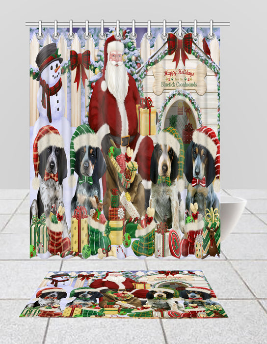 Happy Holidays Christmas Bluetick Coonhound Dogs House Gathering Bath Mat and Shower Curtain Combo