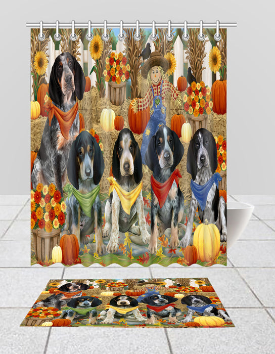 Fall Festive Harvest Time Gathering Bluetick Coonhound Dogs Bath Mat and Shower Curtain Combo