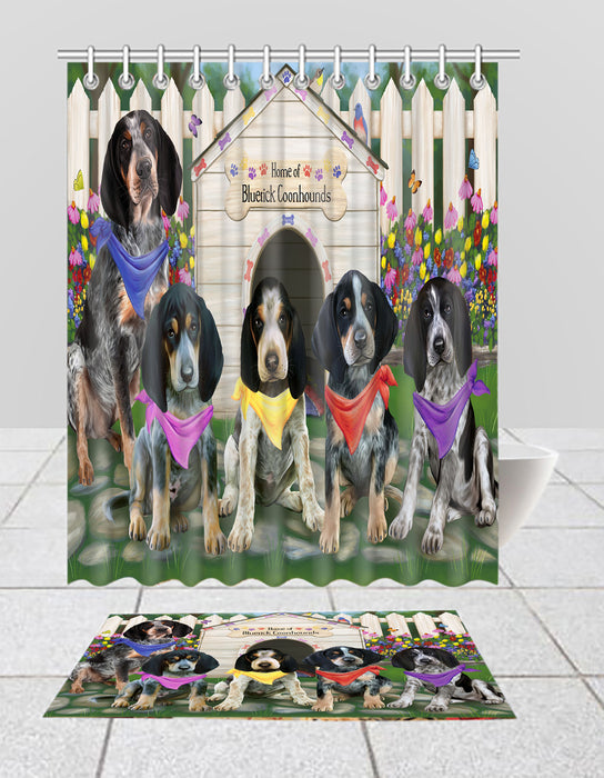 Spring Dog House Bluetick Coonhound Dogs Bath Mat and Shower Curtain Combo