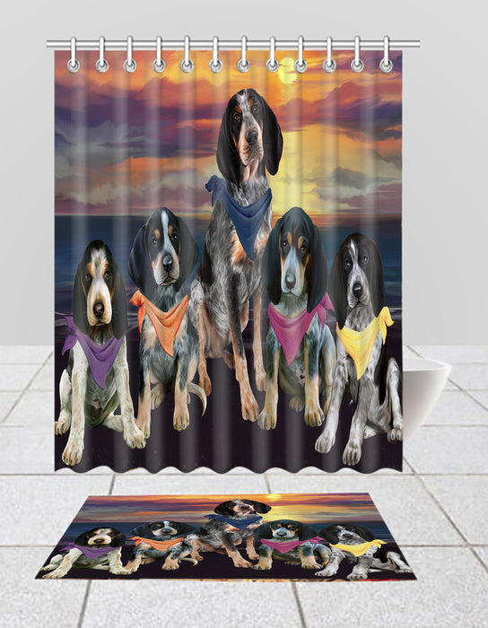 Family Sunset Portrait Bluetick Coonhound Dogs Bath Mat and Shower Curtain Combo