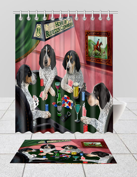 Home of  Bluetick Coonhound Dogs Playing Poker Bath Mat and Shower Curtain Combo