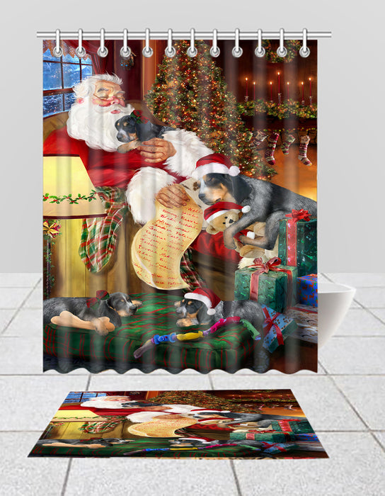 Santa Sleeping with Bluetick Coonhound Dogs  Bath Mat and Shower Curtain Combo