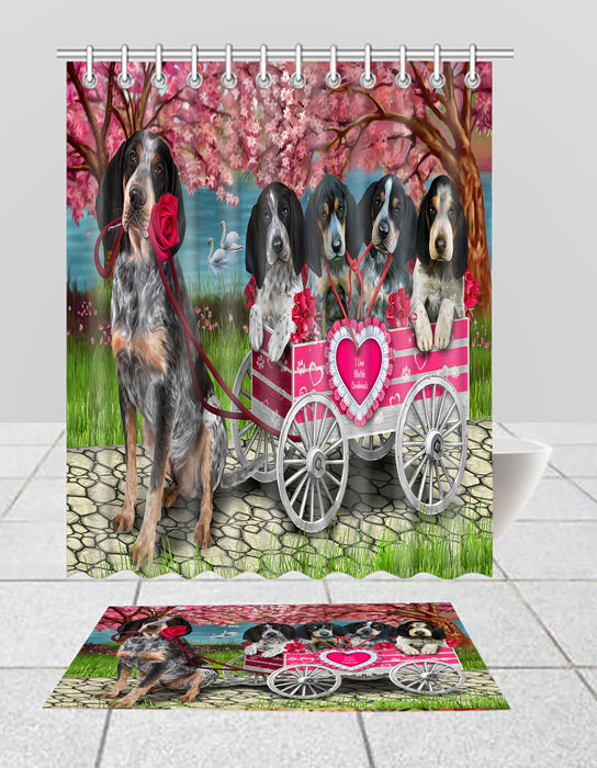 I Love Bluetick Coonhound Dogs in a Cart Bath Mat and Shower Curtain Combo