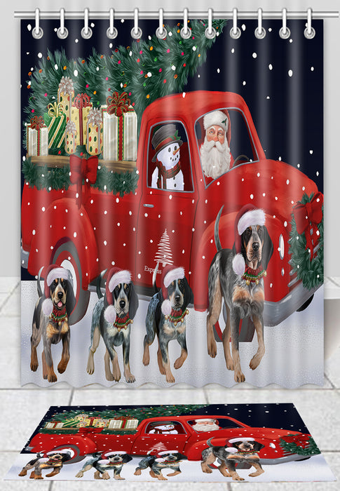 Christmas Express Delivery Red Truck Running Bluetick Coonhound Dogs Bath Mat and Shower Curtain Combo