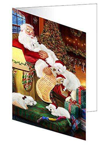 Bolognese Dogs and Puppies Sleeping with Santa Handmade Artwork Assorted Pets Greeting Cards and Note Cards with Envelopes for All Occasions and Holiday Seasons