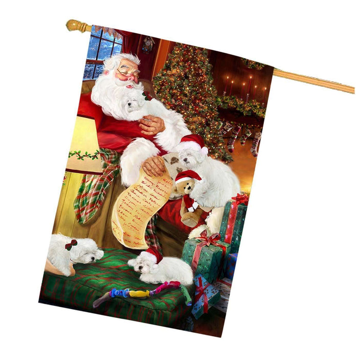 Bolognese Dogs and Puppies Sleeping with Santa House Flag