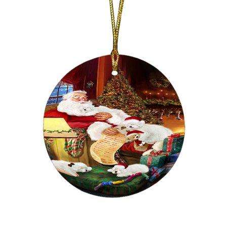 Bolognese Dogs and Puppies Sleeping with Santa Round Christmas Ornament D391