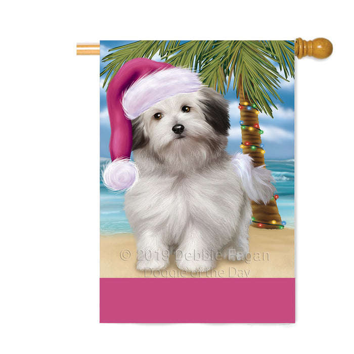 Personalized Summertime Happy Holidays Christmas Bolognese Dog on Tropical Island Beach Custom House Flag FLG-DOTD-A60474