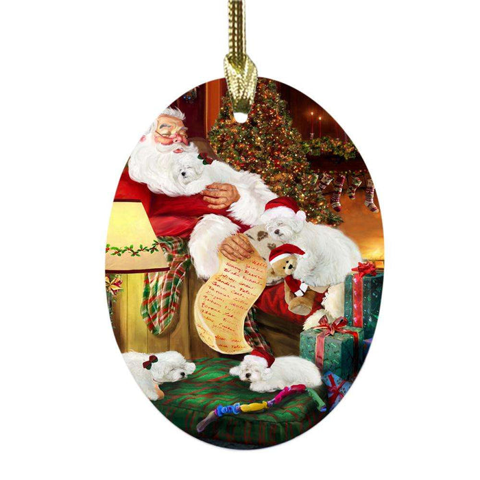 Bologneses Dog and Puppies Sleeping with Santa Oval Glass Christmas Ornament OGOR49254