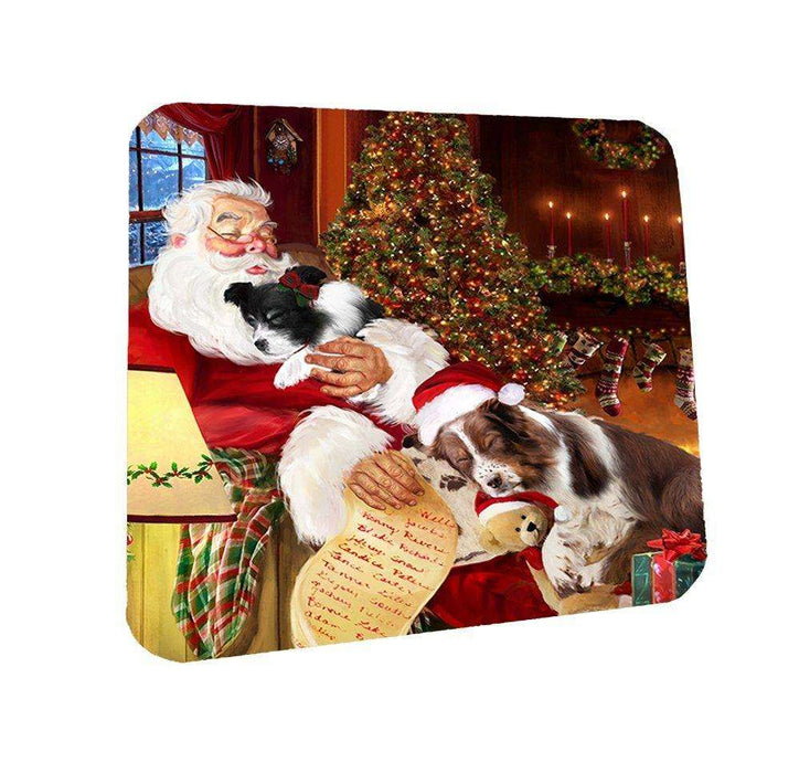 Border Collie Dog and Puppies Sleeping with Santa Coasters Set of 4